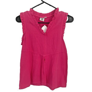 XS Ruffle Trim Sleeveless Cotton Blouse Pink Bright Boho Cottagecore Festival